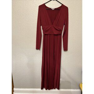 Baltic Born Women's Size Medium Wine Maxi Dress Deep V Neck Ruched Waist DD3262